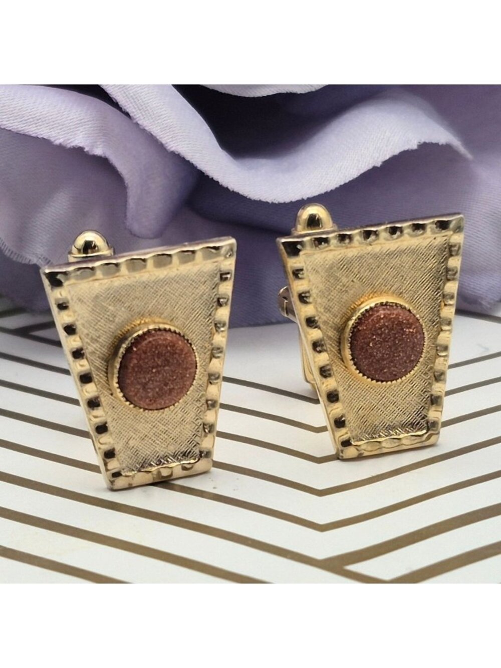 Vintage MCM Cufflinks Gold Tone Brown Glitter Stone Atomic Geometric Mens